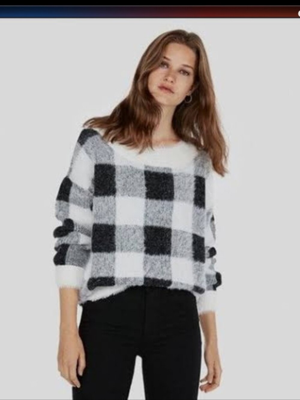 Express Black & White Buffalo Check Crewneck Sweater